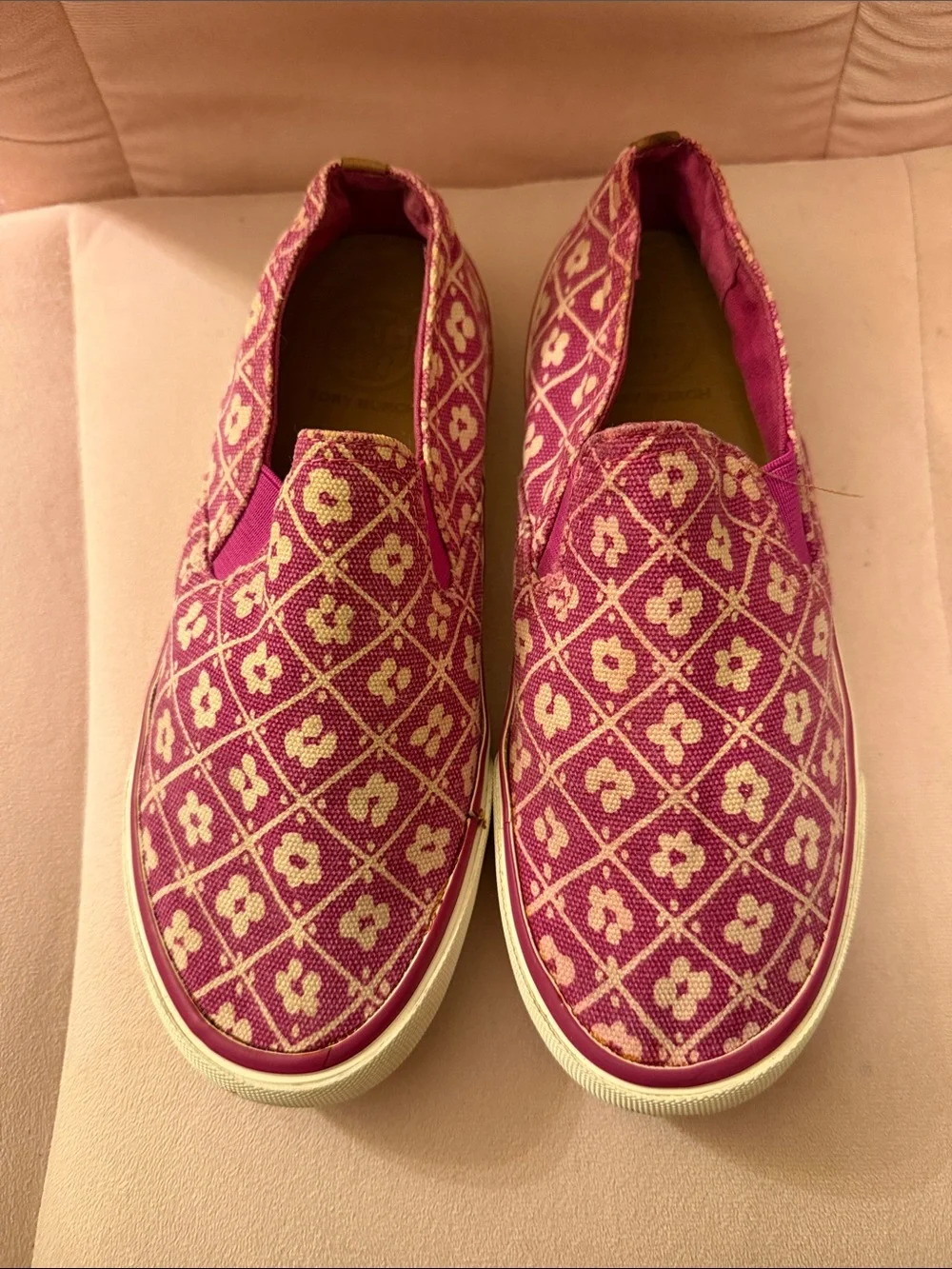 Tory Burch Pink and Tan Patterned Canvas Slip-Ons